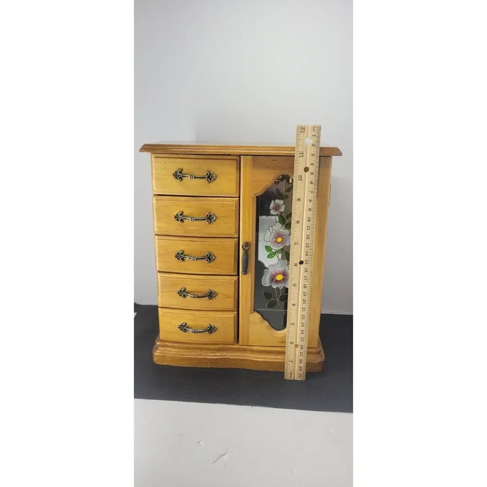 Wood Jewelry Box Cabinet 5 Drawers Floral Glass Door Velvet Lined Brown